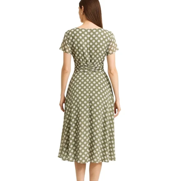 Connected Apparel Olive Polka Dot Midi Dress - Picture 2 of 7